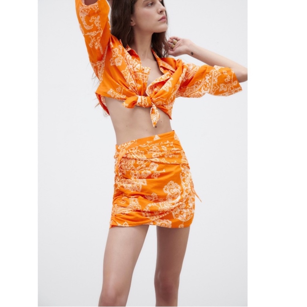 Zara Orange and White Crop Top and Mini Skirt set